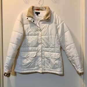 Lands End Women's Cream Winter White Puffer Jacket Zip Snap - Size Large 14-16